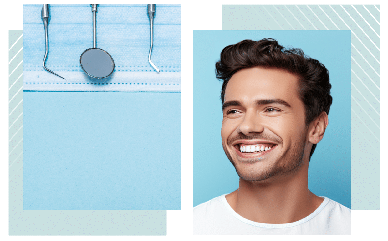 two pictures male smiling and dental tools with a mask and blue background