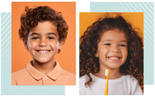 two kids with an orange background after pediatric dental appointment at simply smiles in lavon texas