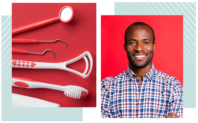 two pictures of dental tools and a man smiling in lavon texas with a red background
