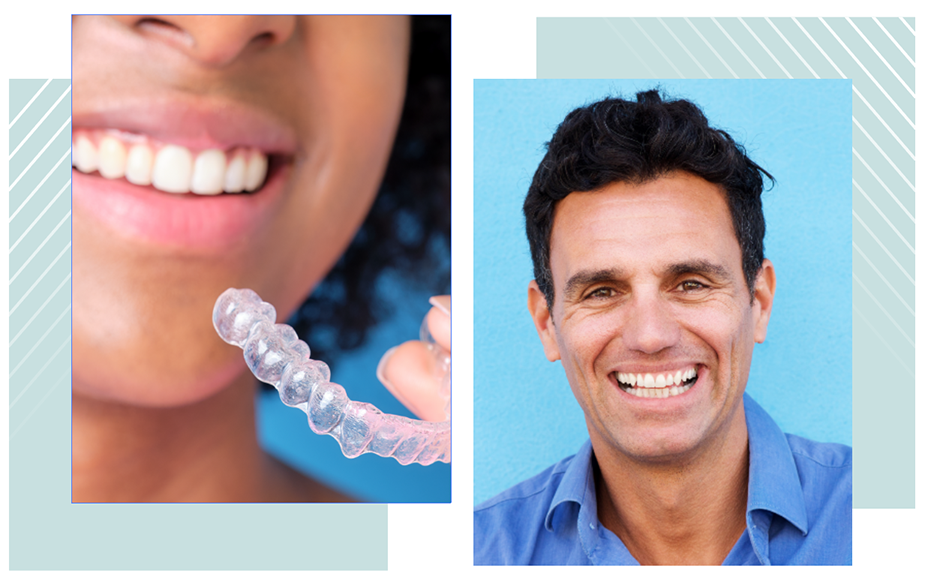 two pictures of people with clear dental aligners from simply smiles in lavon texas