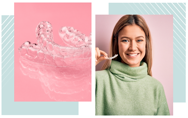 two images of a woman holding clear dental aligners from simply smiles 