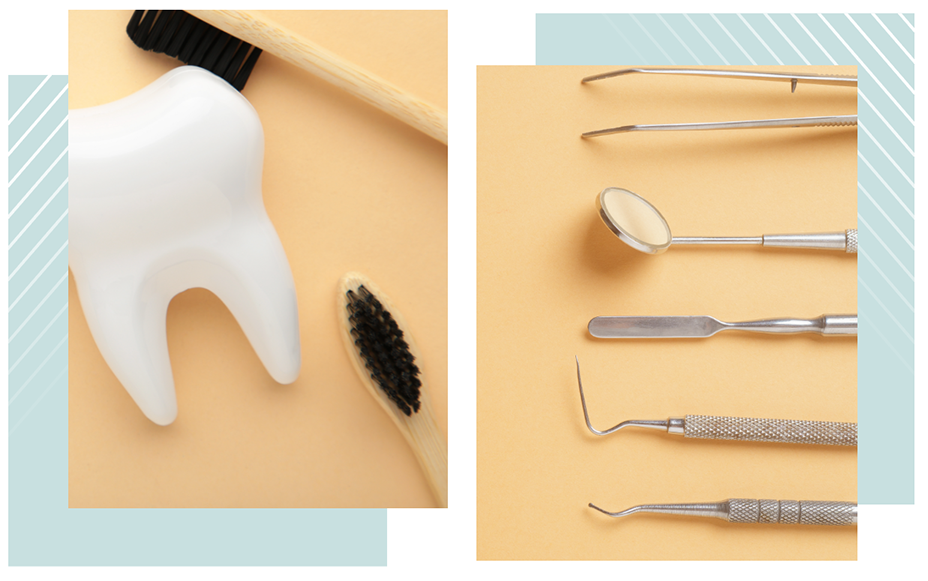 two images of metal dental tools and toothbrush with a tooth on a yellow background