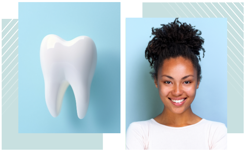 two images of a tooth and woman smiling on a blue background