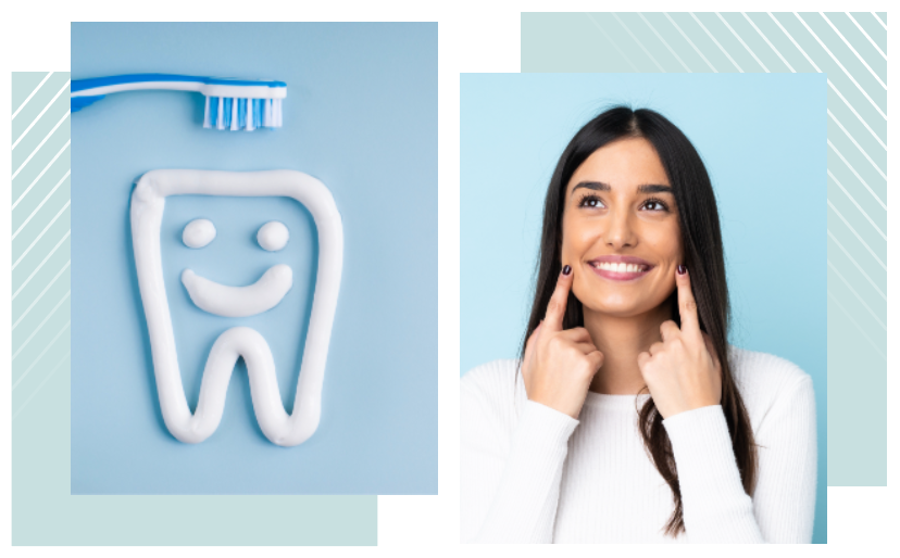 two images of a woman smiling and a toothbrush with toothpaste 