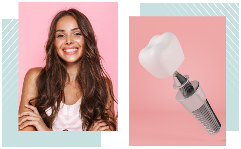 two images of a person smiling and dental implant graphic on a pink background