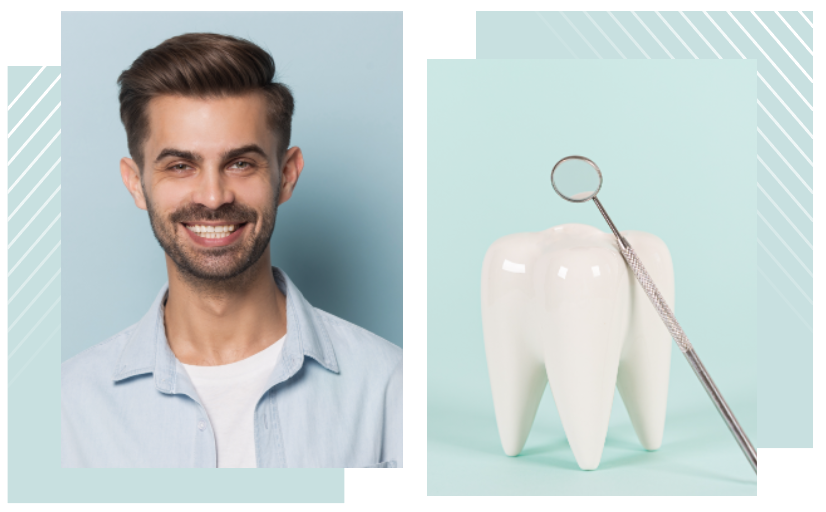 two images of a male smiling in lavon texas and a dental tool and artificial tooth