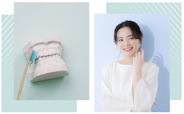 two photos of a dental patient smiling and 3d tooth with toothbrush